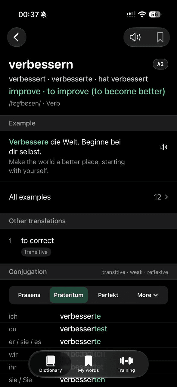 The word verbessern in the WordWide app for iPhone